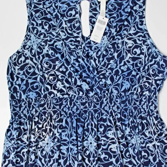 Soma Sleeveless Casual Smocked Mini Dress Blue Floral Hippie Boho Women Size XL - Picture 3 of 10